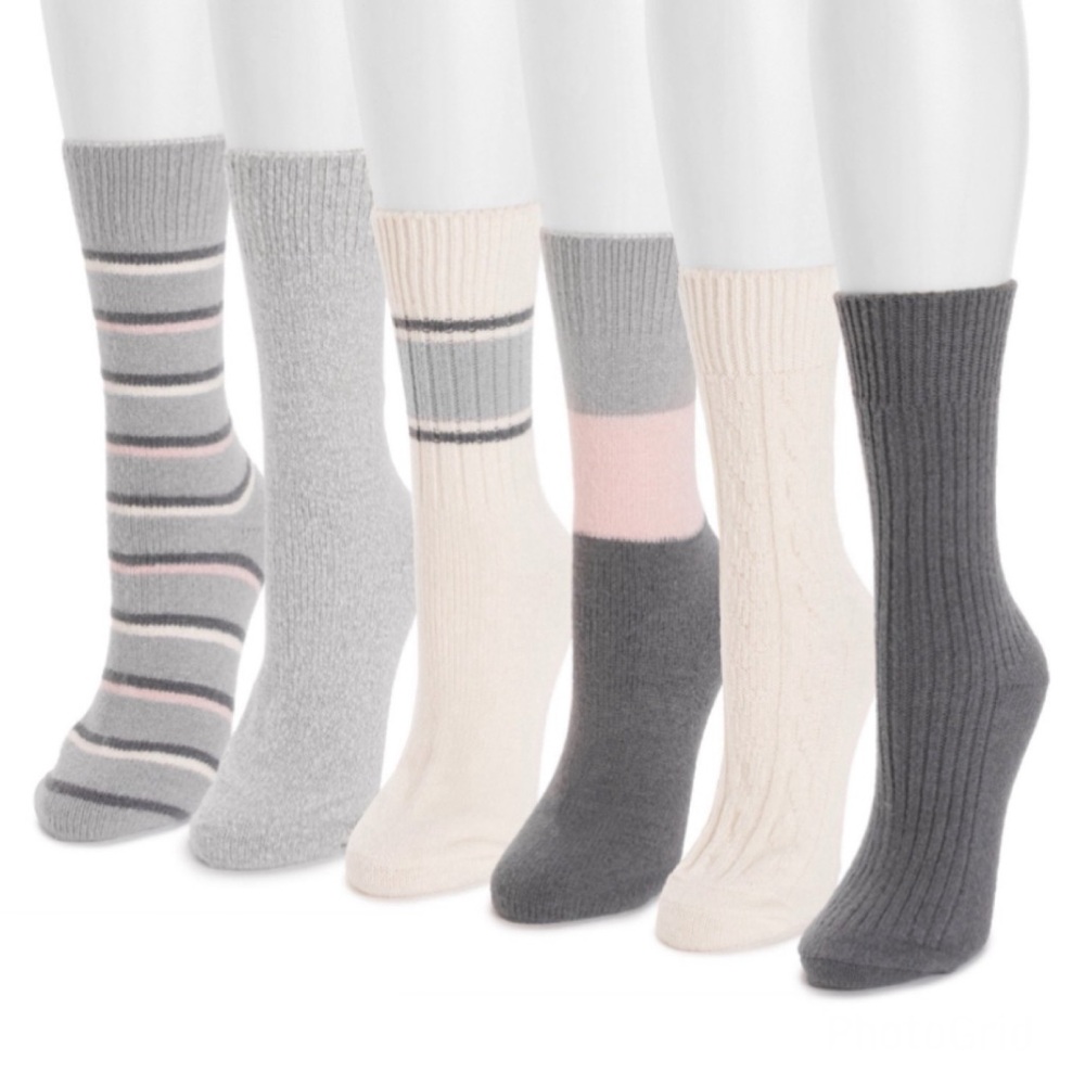 Muk Luks Crew Boot Socks Pink/Gray 6-Pack Fits Women’s Shoe Sizes 6-11 NWT